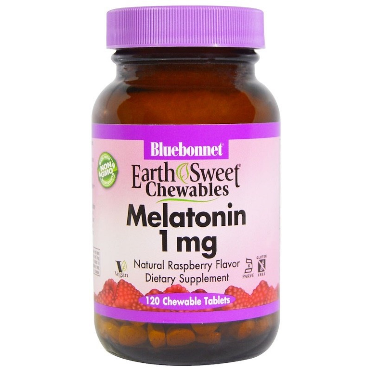 Мелатонін, Melatonin, 1 мг, Bluebonnet Nutrition, EarthSweet, Малиновий Смак, 120 жувальних таблеток