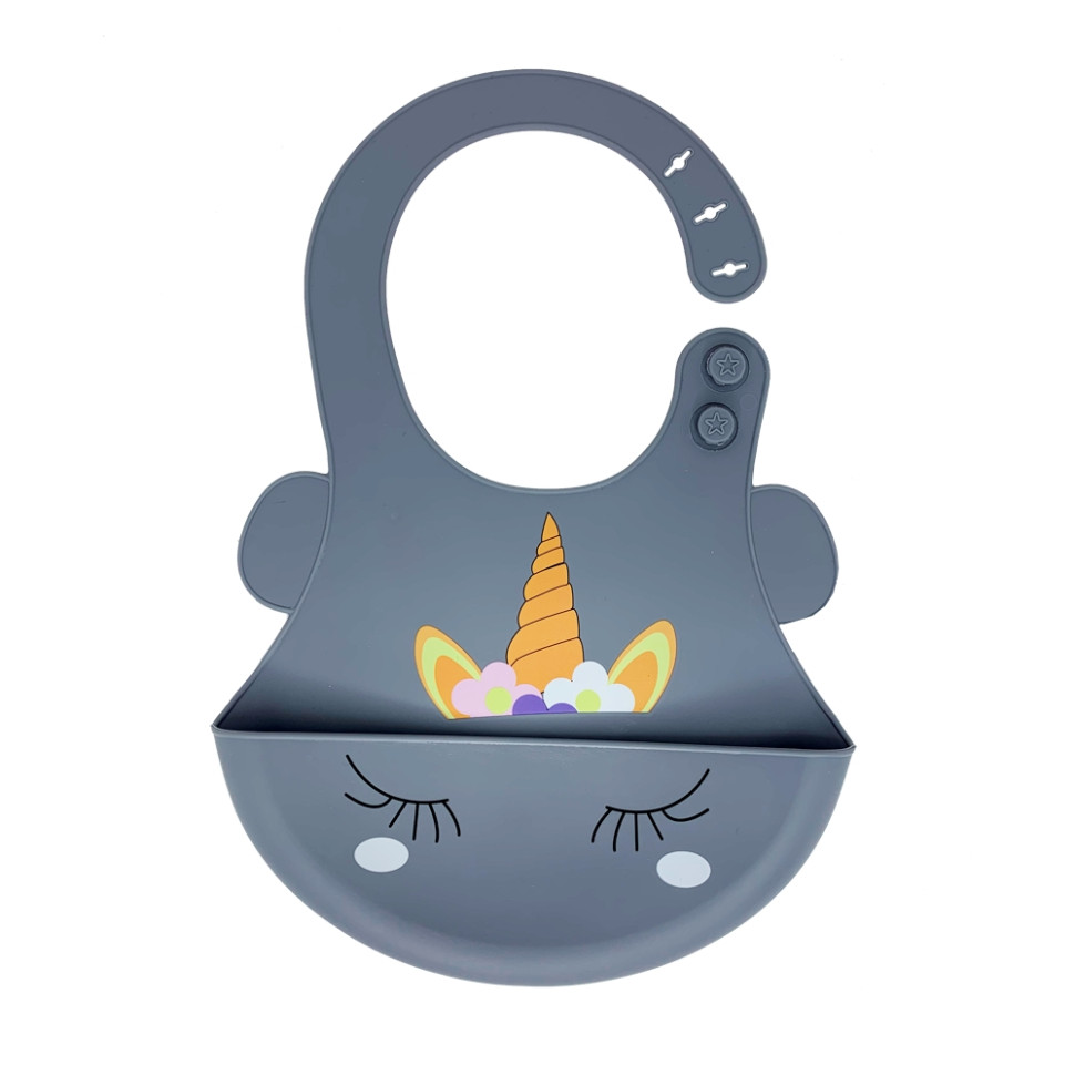 Слюнявчик силіконовий Єдиноріг Mega Zayka MGZ-0615(Grey) з кишенею