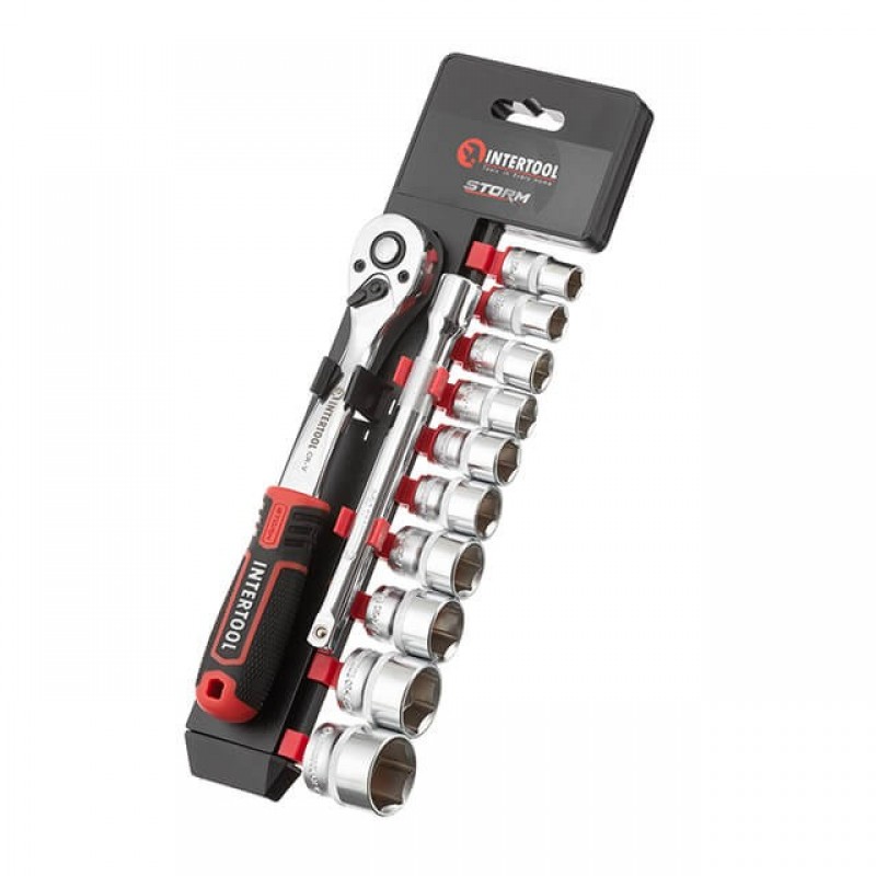 Набір торцевих головок INTERTOOL ET-8013 Cr-V STORM 3/8 10-24 мм 72 зубці 12 одиниць Сріблястий (51619)