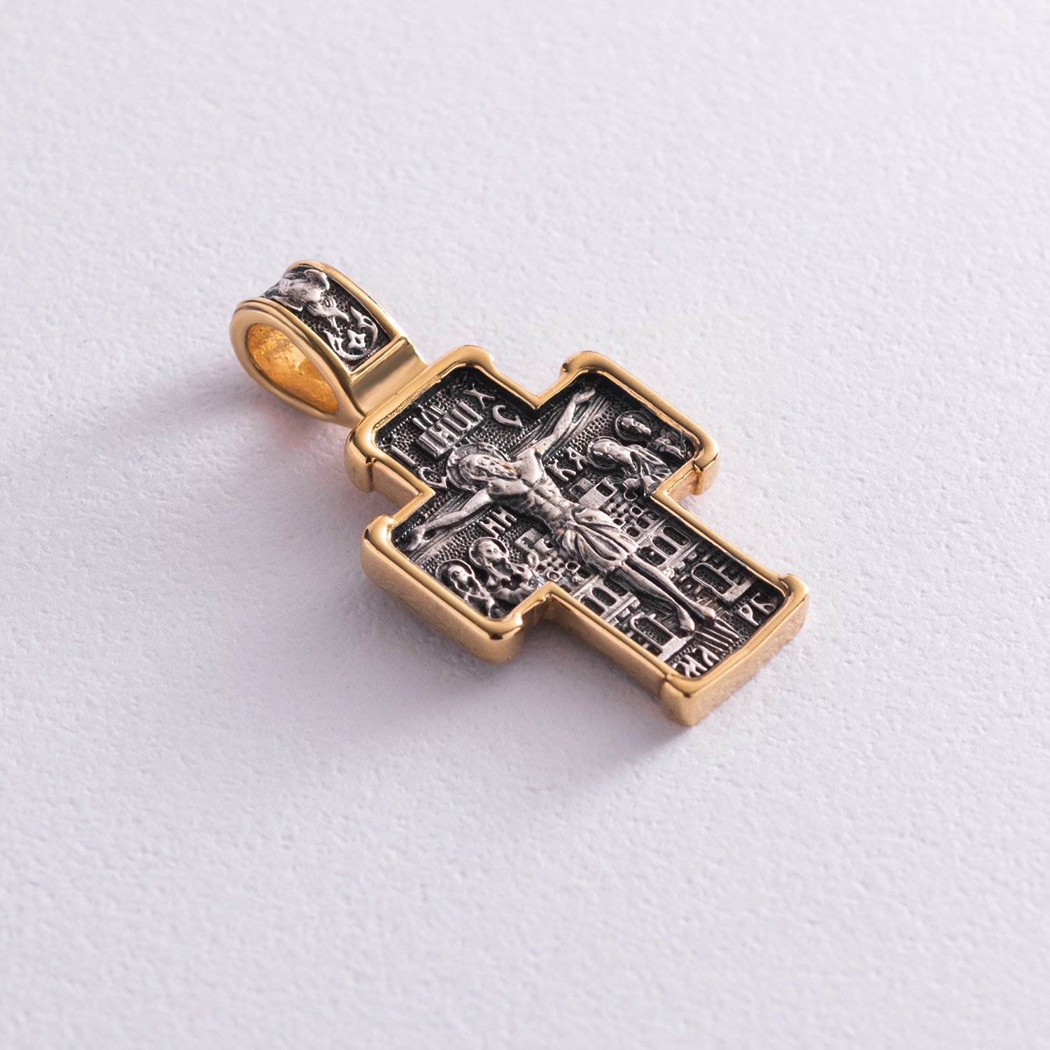 Срібний православний хрест Розп'яття. Св. Миколай Чудотворець із позолотою 132498 Онікс