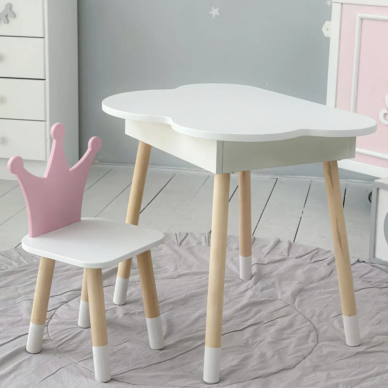 Столик дитячий No Brand Хмара з нішою та стільцем Корона Біло-рожевий (2389196722)