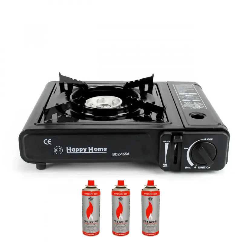 Туристичний газовий пальник плита з п'єзопідпалом Happy home BDZ-155A + 3 балони (1756375589)