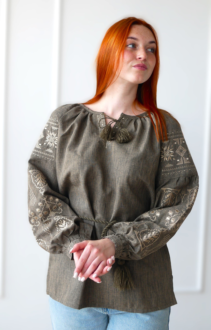 Вишиванка жіноча льон-габардін хакі Святкова 4Profi XL(48)