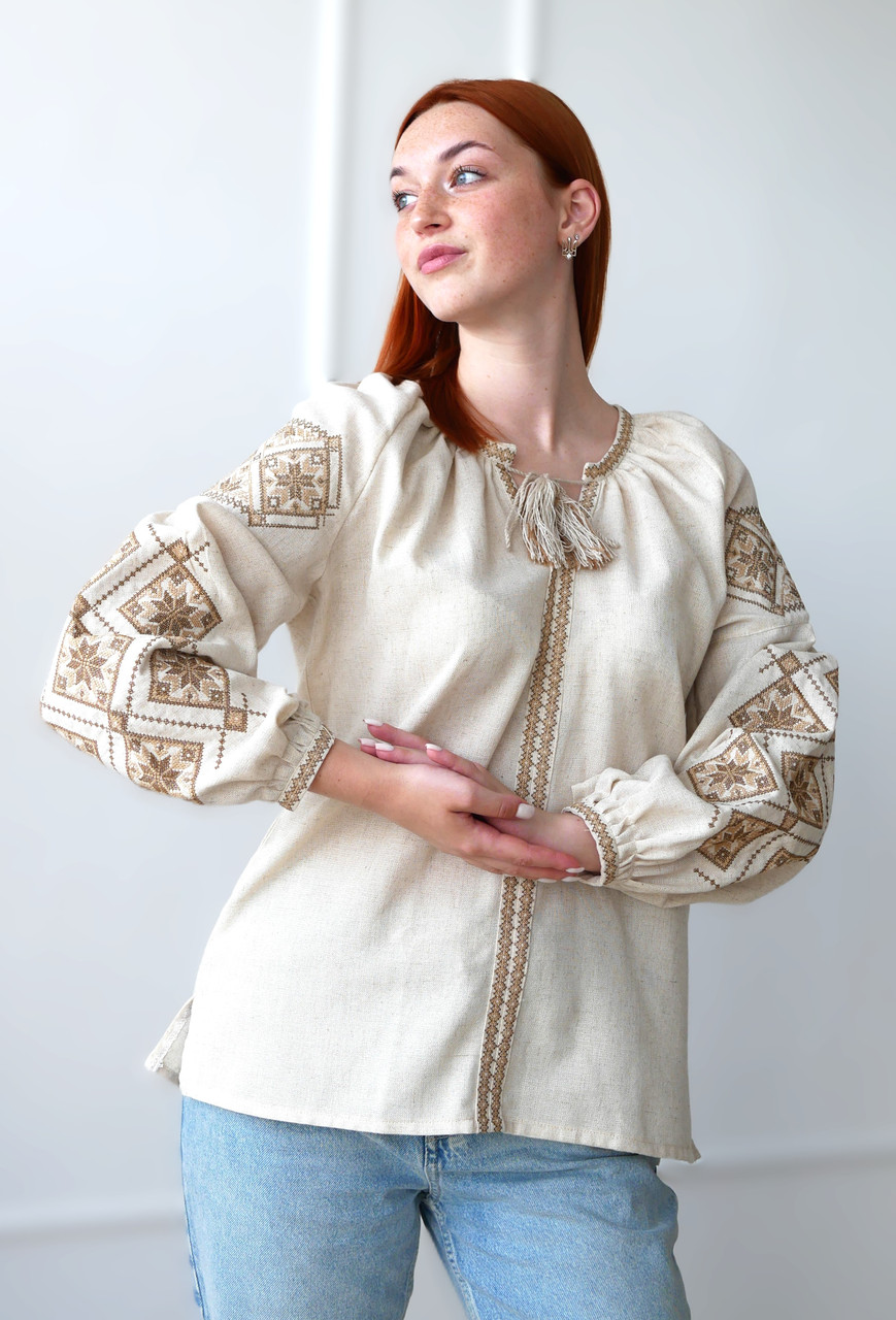 Вишиванка жіноча бежева з льону Етніка 4Profi M(46)
