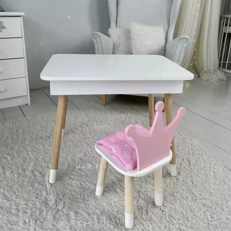 Столик з ящиком і стільчик No Brand Корона 54х60х45 см Біло-рожевий (2331116460)