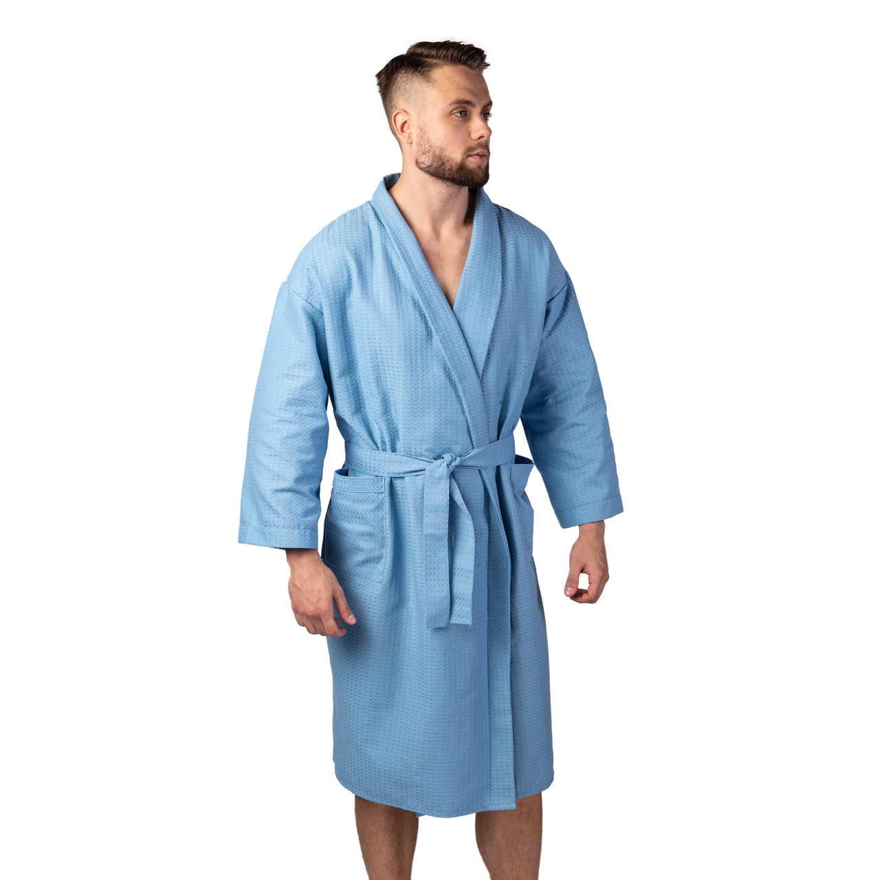 Вафельний халат Luxyart Кімоно розмір (42-44) S 100% бавовна Синій (LS-1359)