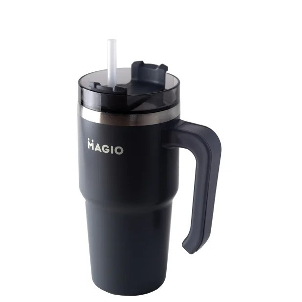 Термочашка з ручкою та соломинкою Magio MG-1085 600 мл Сіро-чорний