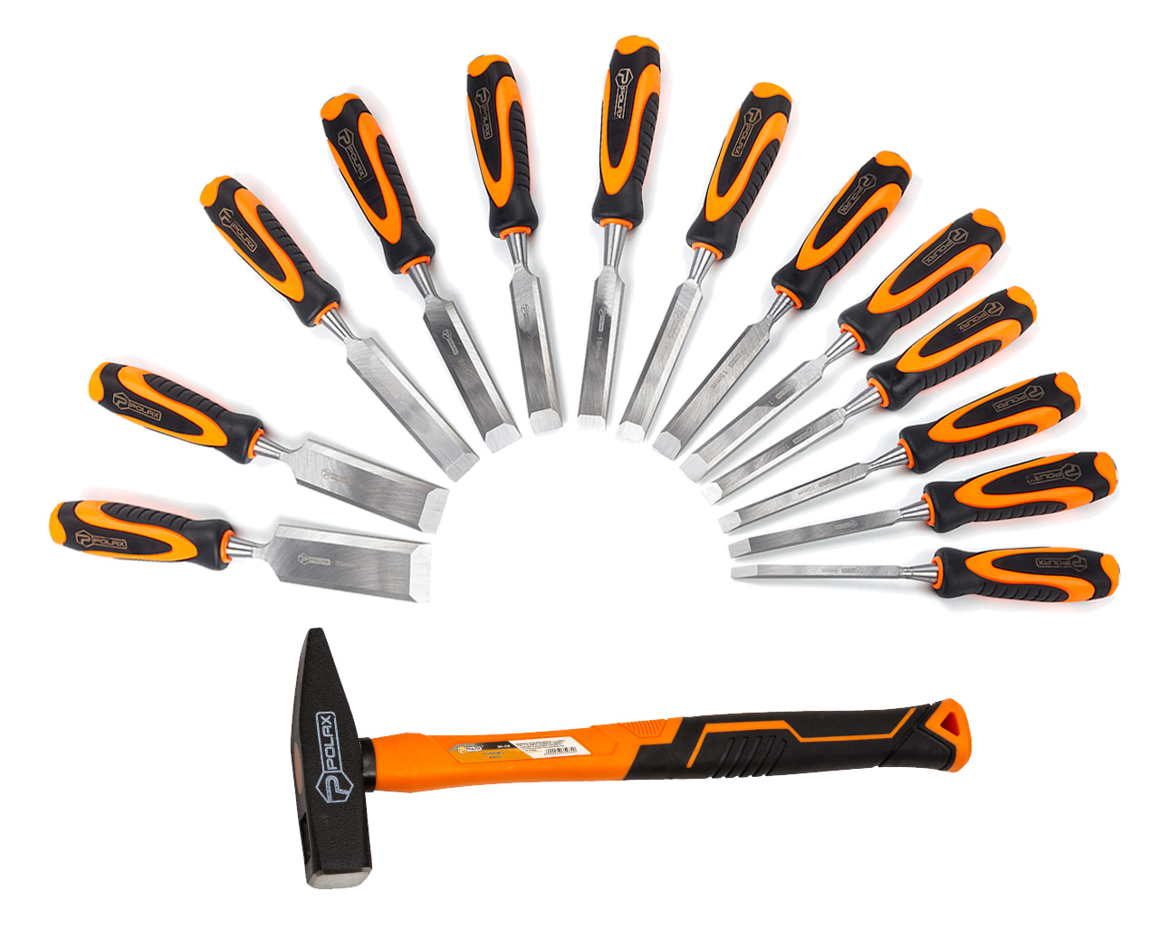 Набір Polax ударних стамесок 12 шт 6-38 мм і молоток 400 г (335-288)