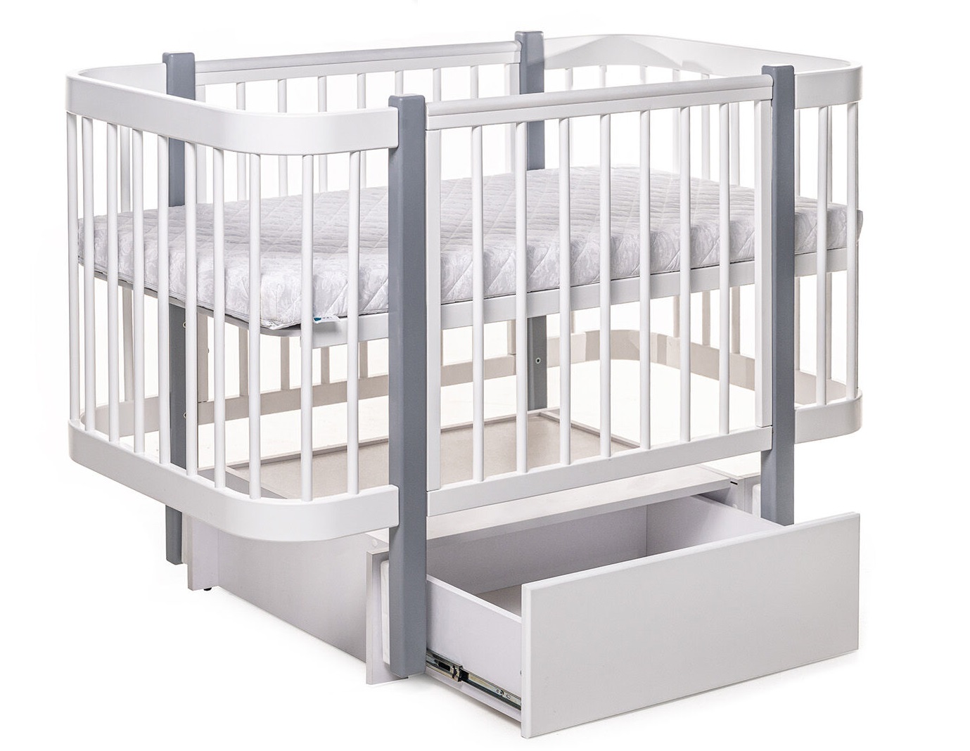 Ліжечко дерев'яне з ящиком Наталка Світанок 126,5 х 68 см White and Gray (149775)