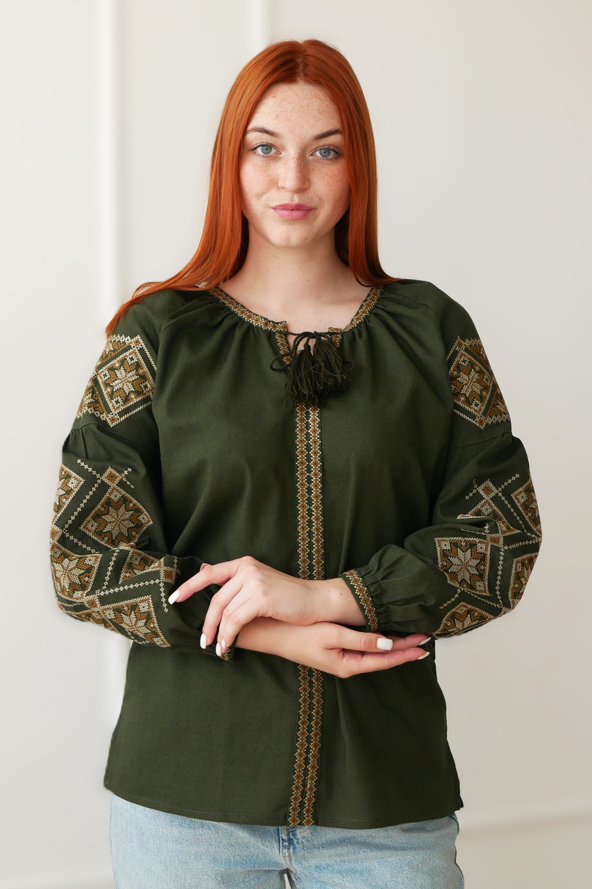 Вишиванка жіноча хакі з льону Лелека 4Profi XL(50)