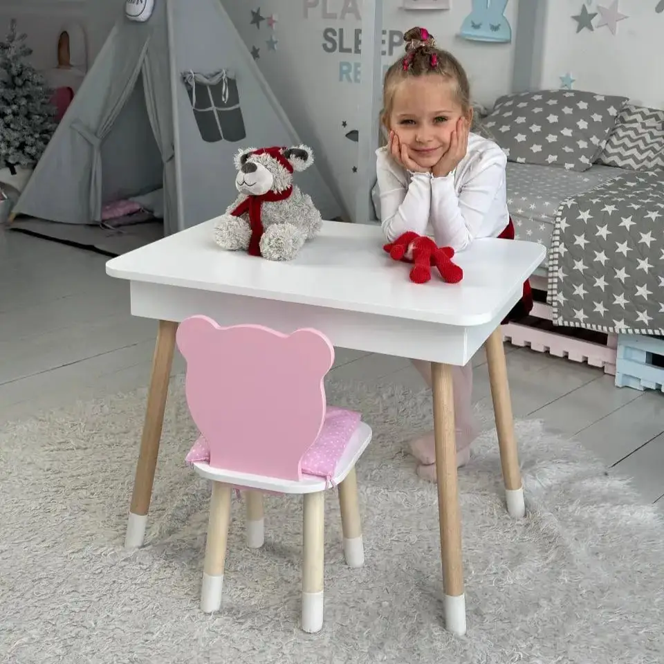 Столик з ящиком для олівців і стільчик No Brand Ведмедик 54х60х45 см Біло-рожевий (2331126423)