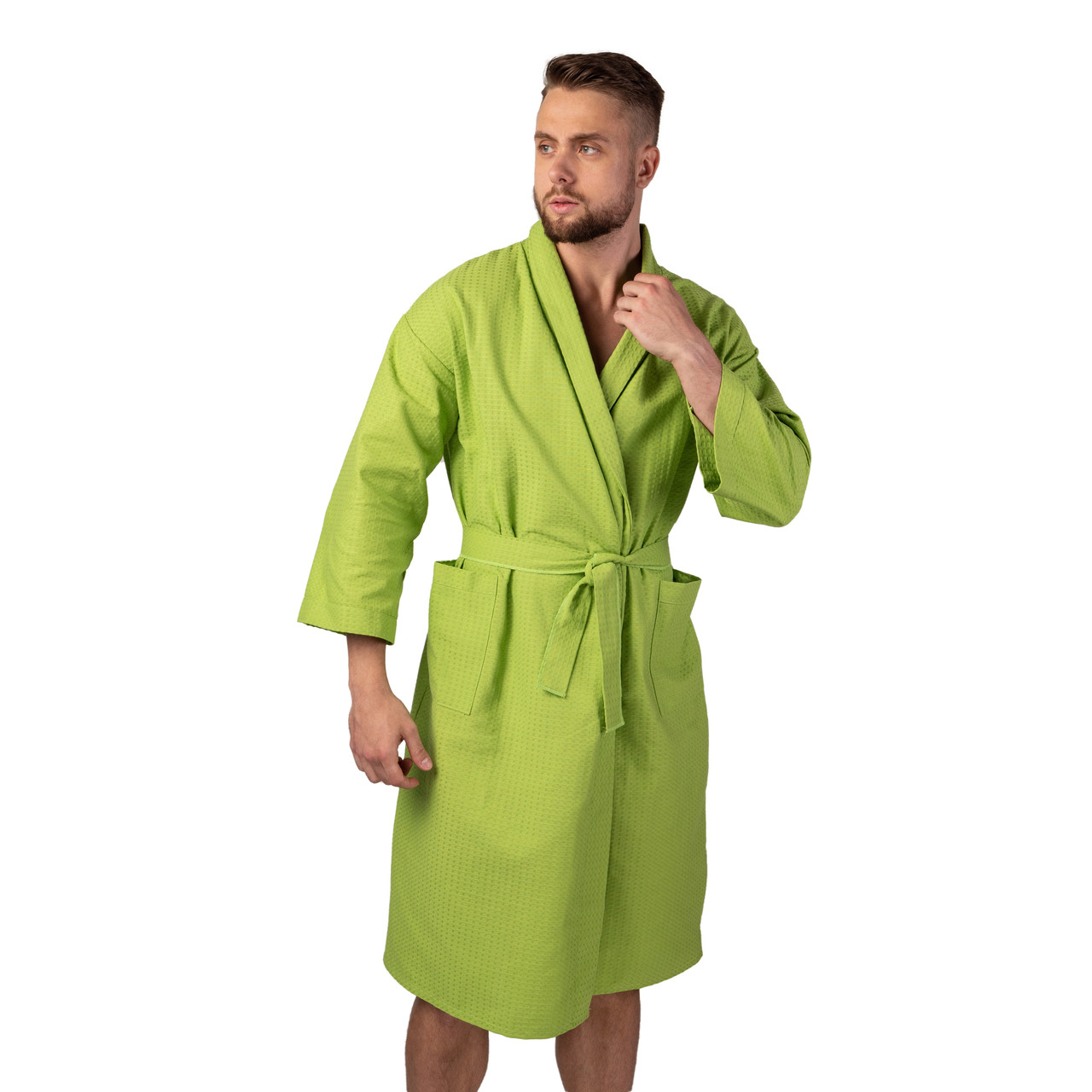 Вафельний халат Luxyart Кімоно розмір (46-48) М 100% бавовна Оливкова (LS-1538)