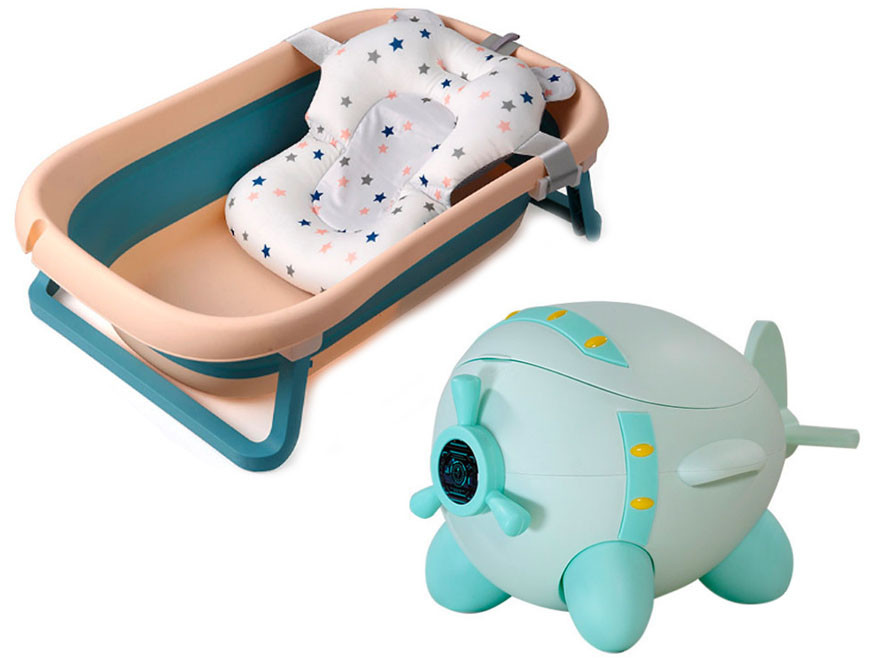 Набір VOLRO дитяча складана ванна 78,5 х 49 см і дитячий портативний горщик літак М'ятний (vol-1291)