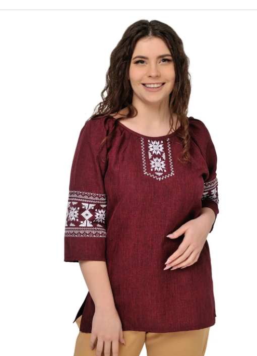 Вишиванка жіноча 3/4 рукав льон-габардін бордо Берегиня 4Profi 56