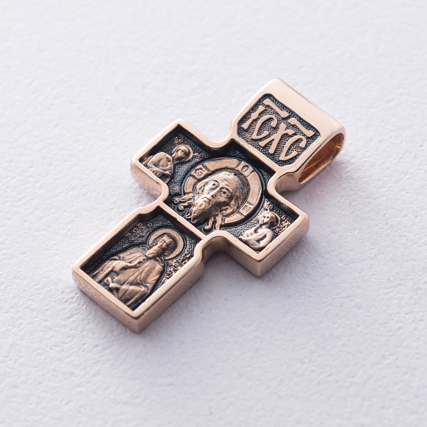 Золотий православний хрест Спас Нерукотворний. Святитель Миколай Чудотворець. Ангел Охоронець п02644 Онікс