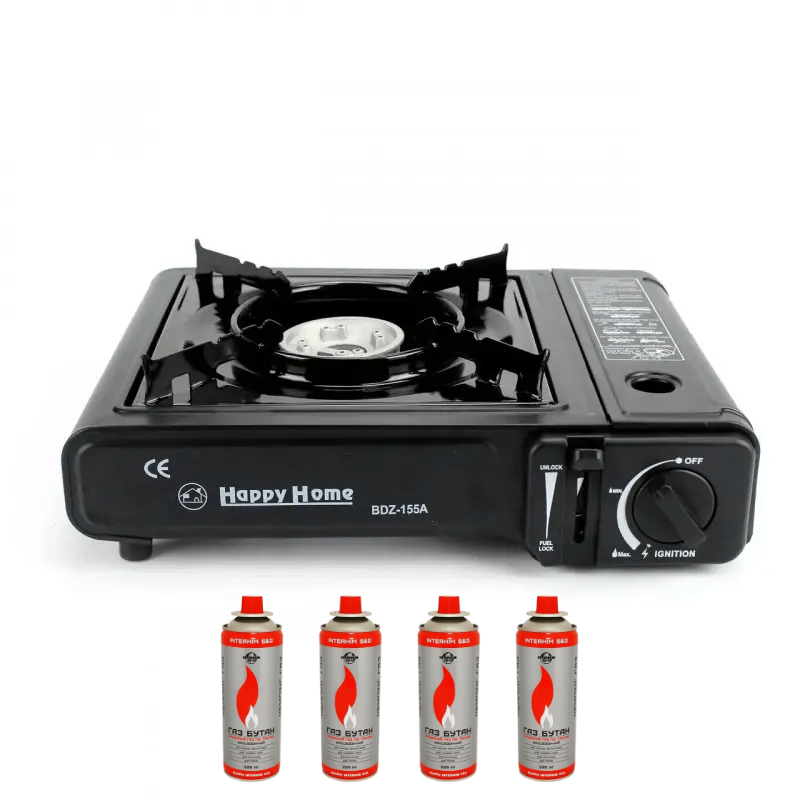 Туристичний газовий пальник плита з п'єзопідпалом Happy home BDZ-155A + 4 балони (1756375590)